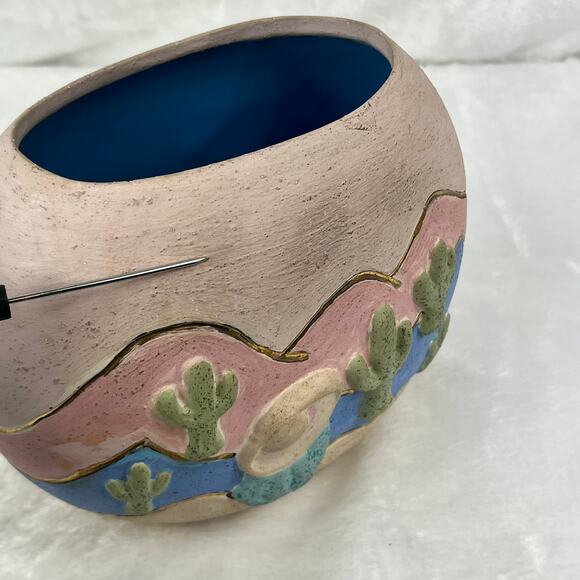 Southwestern Desert Scene Pottery Vase Cactus Sunset Relief Painted 5.5 Handmade - Picture 11 of 13